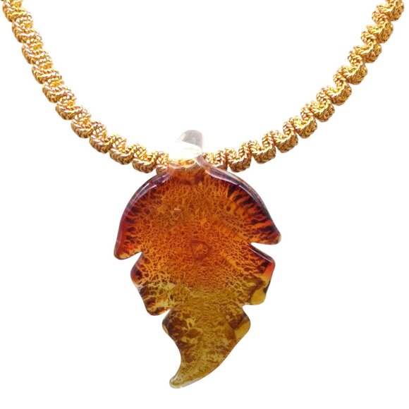 Dichroic Art Glass Autumn Leaf Pendant on Unique Gold Tone Chain, Beautiful - Picture 2 of 5